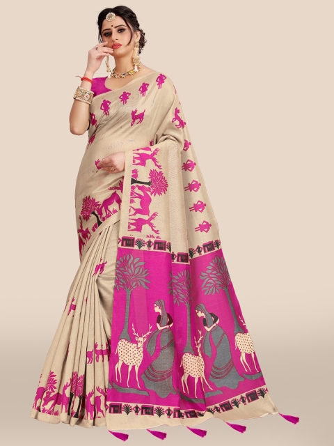 

DIVASTRI Pink & Cream-Coloured Ethnic Motifs Art Silk Block Print Saree