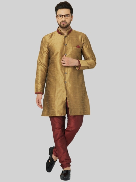 

Kaifoo Men Gold-Coloured & Maroon Solid Sherwani Set