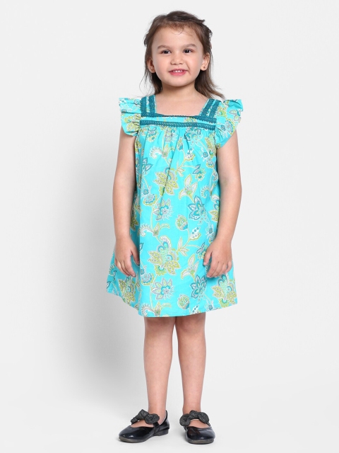 

MANET Green & electric blue Floral A-Line Dress