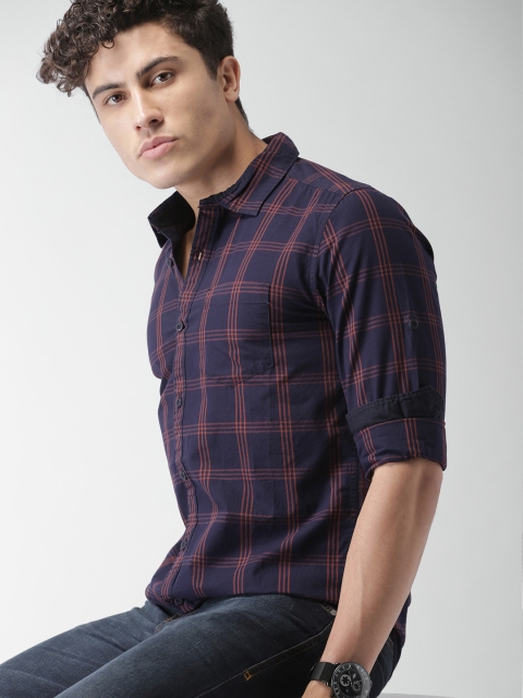 

HIGHLANDER Men Navy & Red Slim Fit Checked Casual Shirt, Navy blue