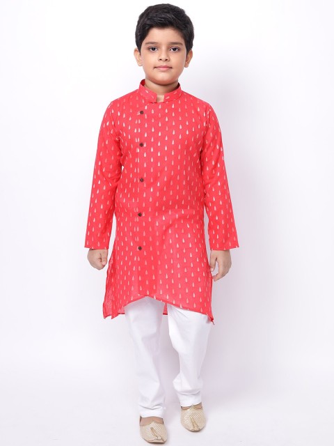 

NAMASKAR Boys Red Pure Cotton Kurti with Trousers & With Dupatta