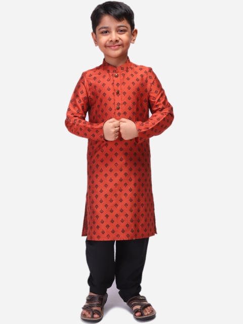 

NAMASKAR Boys Brown Ethnic Motifs Printed Linen Kurta with Churidar
