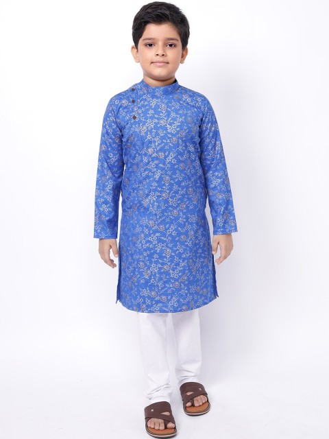

NAMASKAR Boys Blue Embroidered Empire Pure Cotton Kurta with Salwar & With Dupatta