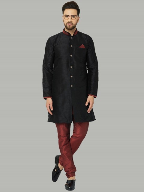 

Kaifoo Men Black Embroidered Angrakha Kurti with Pyjamas