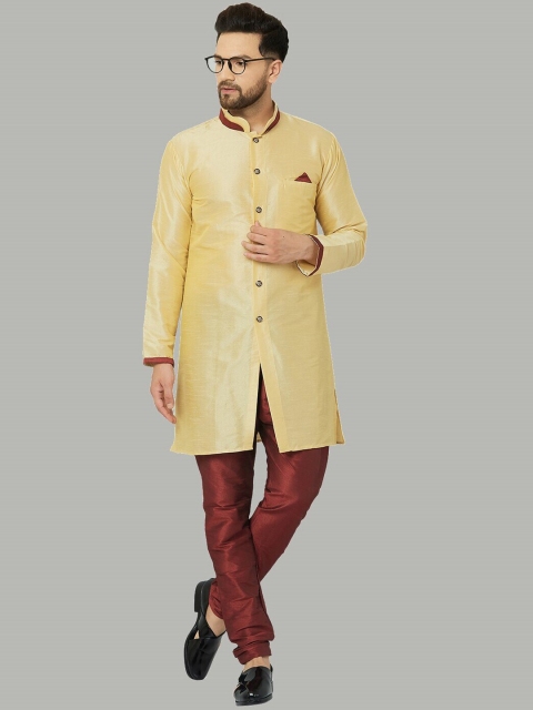 

Kaifoo Men Gold-Toned Embroidered Angrakha Kurti with Pyjamas