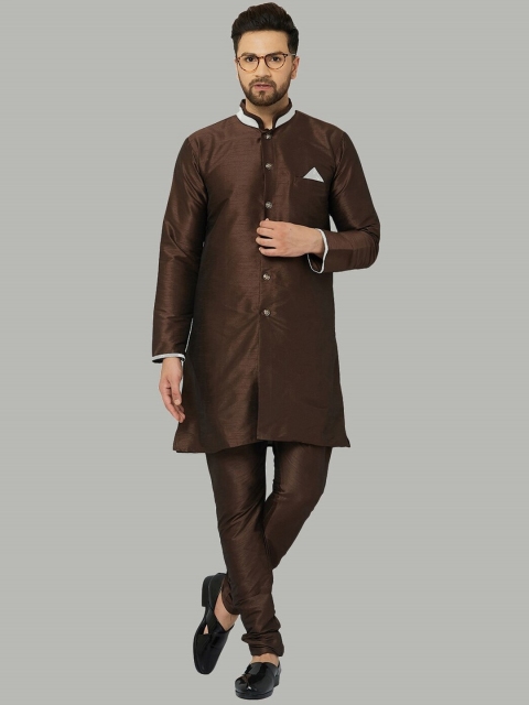 

Kaifoo Men Brown Embroidered Angrakha Kurti with Pyjamas