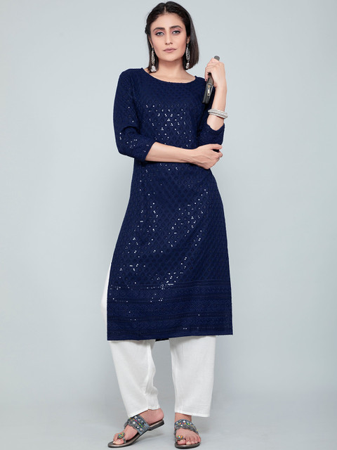 

POONAM DESIGNER Women Navy Blue Geometric Sequin Embroidered Kurta