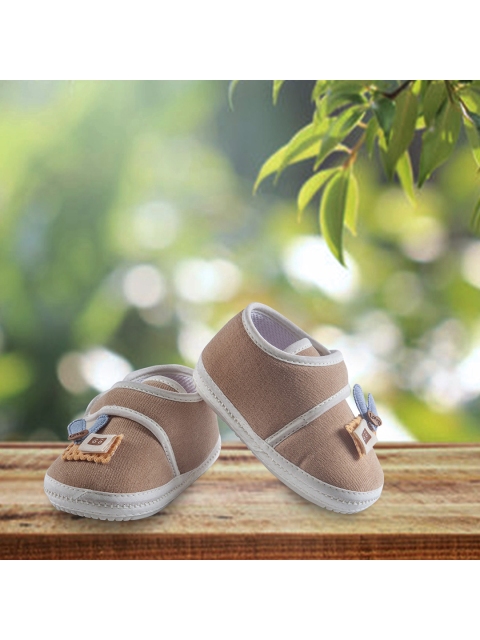 

Baby Moo Infant Kids Brown Printed Non-Slip Booties With Strap Organic Cotton Shoes