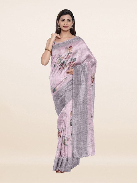 

Pothys Pink & Brown Floral Zari Pure Linen Saree