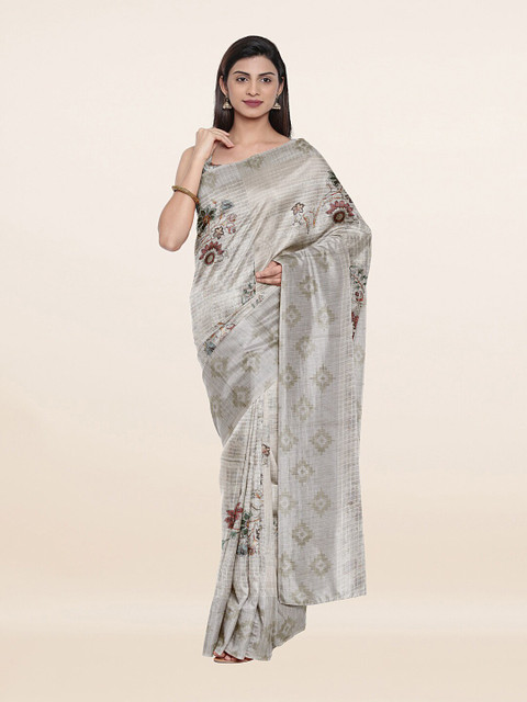 

Pothys Cream-Coloured & Brown Floral Pure Linen Saree