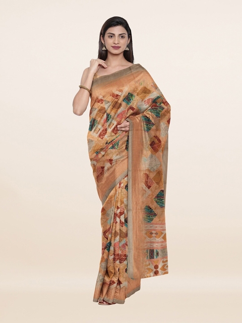 

Pothys Peach-Coloured & Red Zari Pure Linen Saree