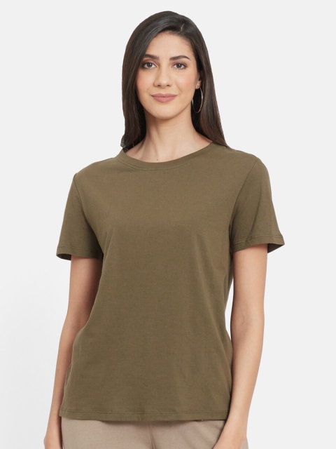 

UNMADE Women Olive Green & deep lichen green Organic Cotton T-shirt