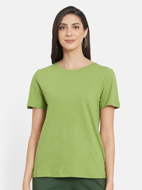 

UNMADE Women Green Organic Cotton Applique T-shirt