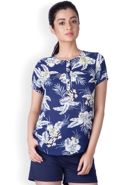 

Zink London Women Navy Printed Top, Navy blue