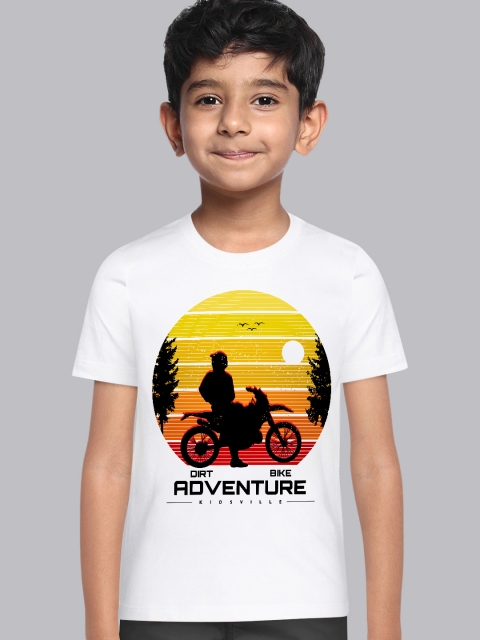 

Kids Ville Boys White & Yellow Biker Printed Cotton Tshirts