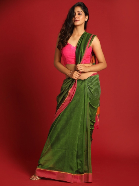 

Indethnic Green & Pink Pure Cotton Jamdani Saree