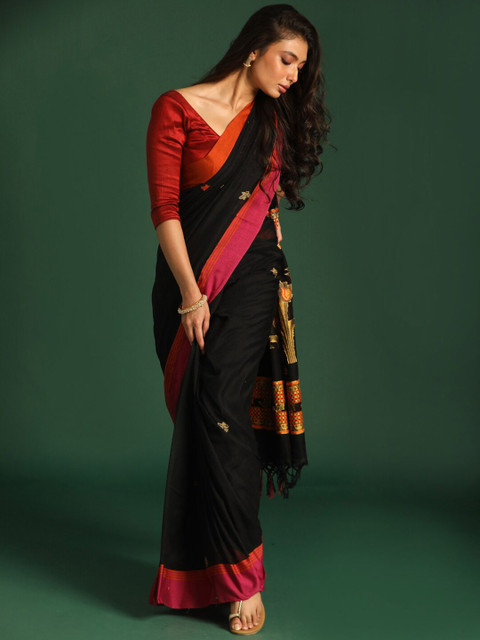 

Indethnic Black & Pink Woven Design Pure Cotton Jamdani Saree