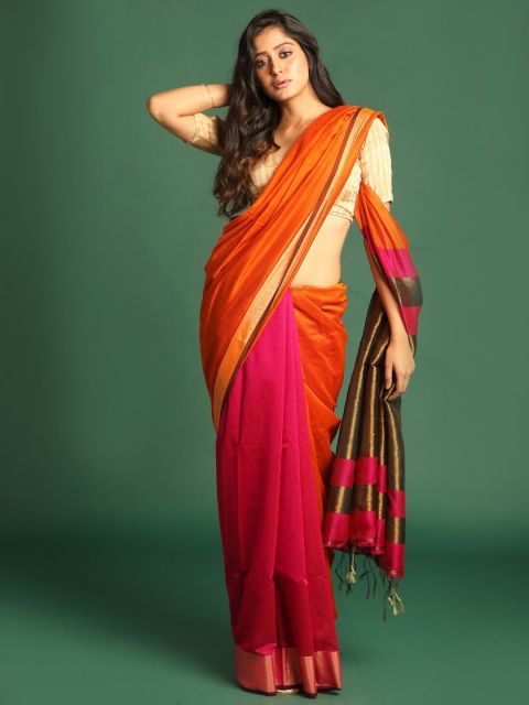 

Indethnic Orange & Gold-Toned Colourblocked Jamdani Saree