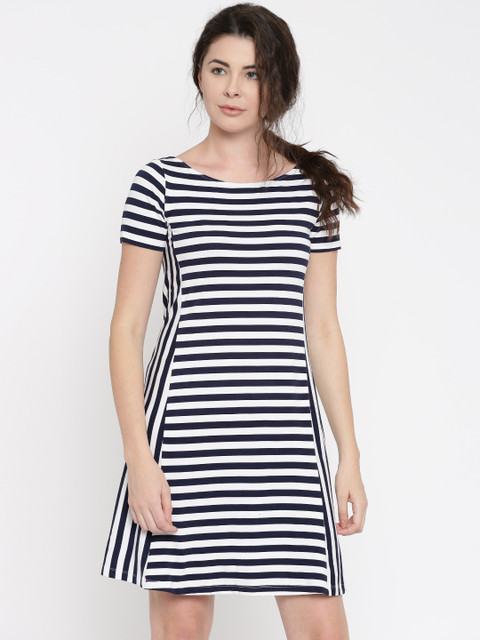 

ALCOTT Women White & Navy Striped A-Line Dress