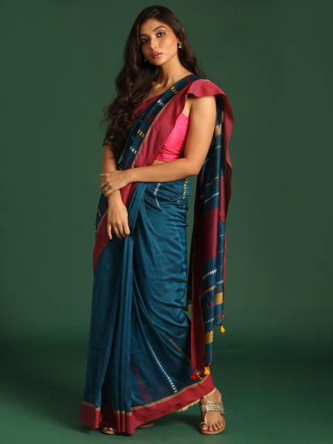 

Indethnic Blue & Maroon Woven Design Pure Cotton Jamdani Saree