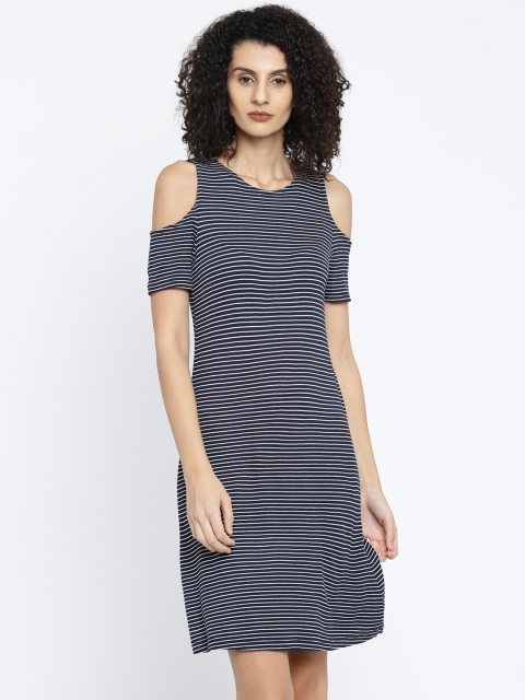 

ALCOTT Women Navy & White Striped A-Line Dress, Navy blue