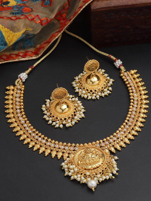 

ZENEME Gold-Plated White-Coloured Artificial Stone Studded Necklace Set