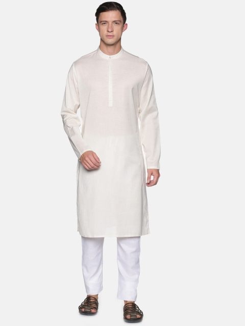 

Saffron Threads Men Off White Cotton Flax Self Embroidered Placket Kurta