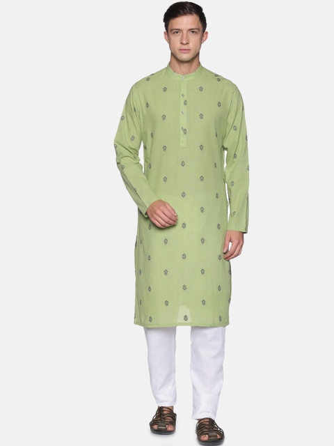 

Saffron Threads Men Pastel Green Geometric Woven Design Dobby Kurta