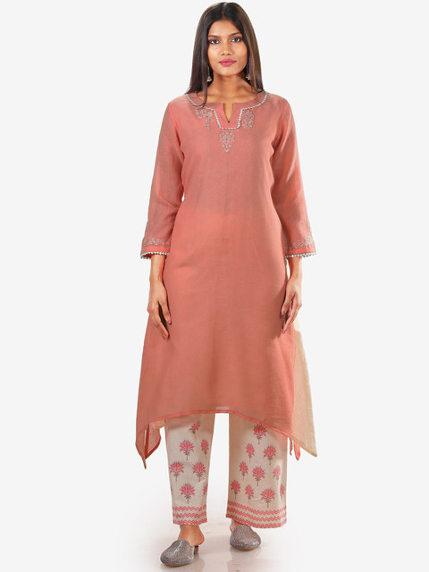 

Jansi Women Pink Floral Linen Kurta with Palazzos