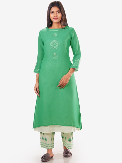 

Jansi Women Green Linen Kurta with Palazzos