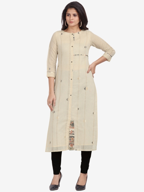 

Jansi Women Cream-Coloured Embroidered Linen Kurti with Salwar