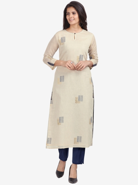 

Jansi Women Cream-Coloured Printed Linen Kurta with Trousers