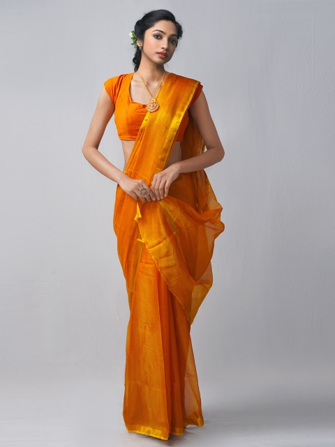 

Unnati Silks Orange & Gold-Toned Striped Zari Pure Silk Kota Saree