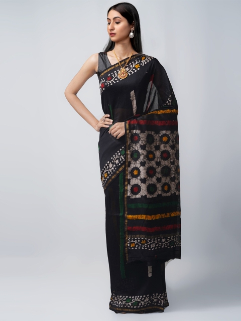 

Unnati Silks Black & White Batik Silk Cotton Chanderi Saree