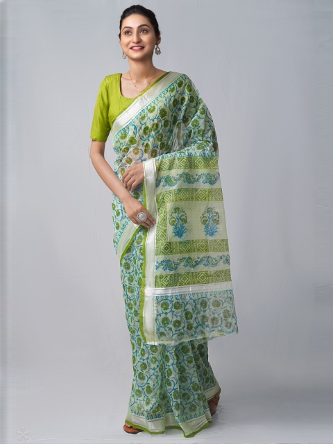 

Unnati Silks Green & White Ethnic Motifs Pure Cotton Block Print Saree
