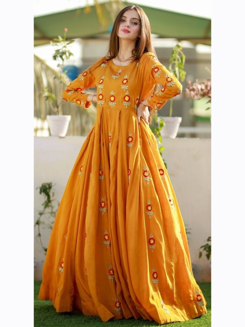 

Fashionuma Yellow & Red Art Silk Semi-Stitched Dress Material