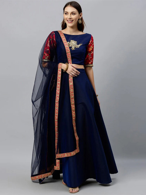 

EthnoVogue Navy Blue & Red Made to Measure Lehenga & Blouse With Dupatta