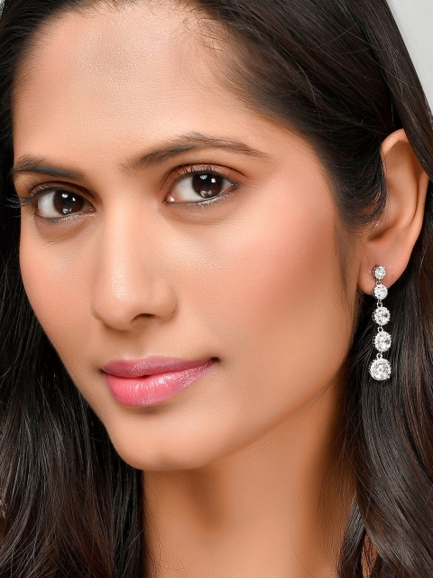 

AQUASTREET Silver-Toned Line of Zircon Long Drop Earrings