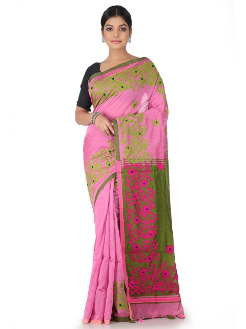 

PinkLoom Pink & Green Woven Design Jamdani Saree