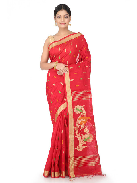 

PinkLoom Red & Green Woven Design Jamdani Saree