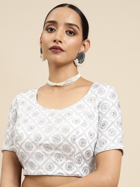 

MIMOSA Women White & Silver Embroidered Readymade Saree Blouse
