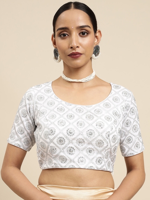 

MIMOSA Women White & Silver Embroidered Readymade Saree Blouse