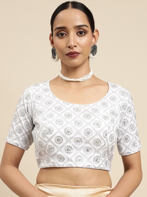 

MIMOSA Women White & Silver Embroidered Readymade Saree Blouse