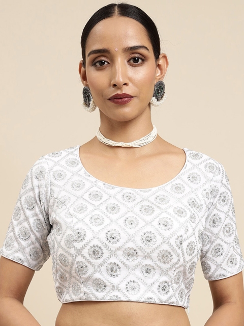 

MIMOSA Women White & Silver Embroidered Readymade Saree Blouse