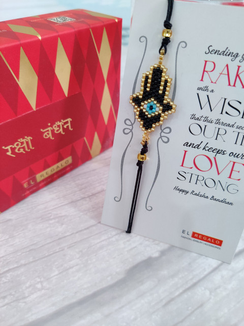 

EL REGALO Men Blue & Black Stone Beaded Rakshabandhan Combo with Greeting Card Roli Chawal