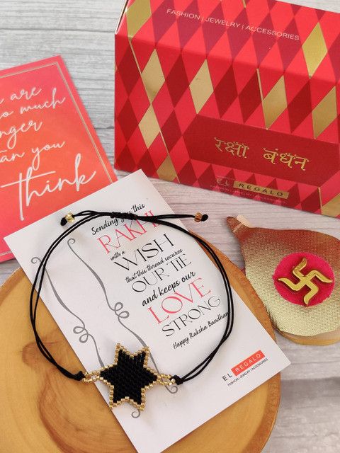 

EL REGALO Bracelet Rakhi Combo for Bhaiya With Roli Chawal Shagun and Greeting Card, Gold