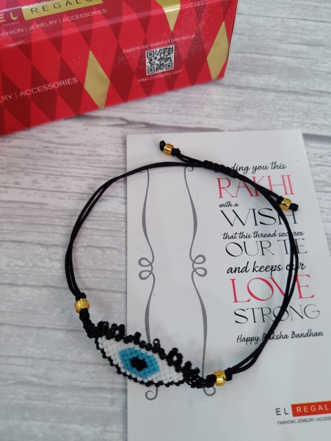 

EL REGALO Miyuki Beads Evil Eye Rakshabandhan Combo with Greeting Card Roli Chawal, Blue