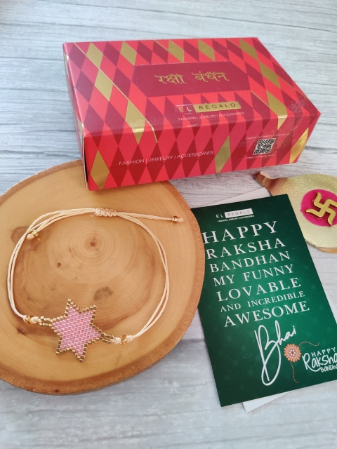 

EL REGALO Beaded Rakhi For Bhai/ Bhabhi Rakshabandhan Combo with Greeting Card Roli Chawal, Gold