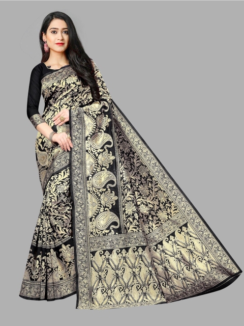 

Jashvi Creation Black & Gold-Toned Woven Design Zari Silk Blend Banarasi Saree