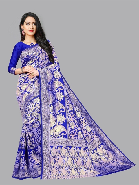 

Jashvi Creation Blue & Gold-Toned Woven Design Zari Silk Blend Banarasi Saree